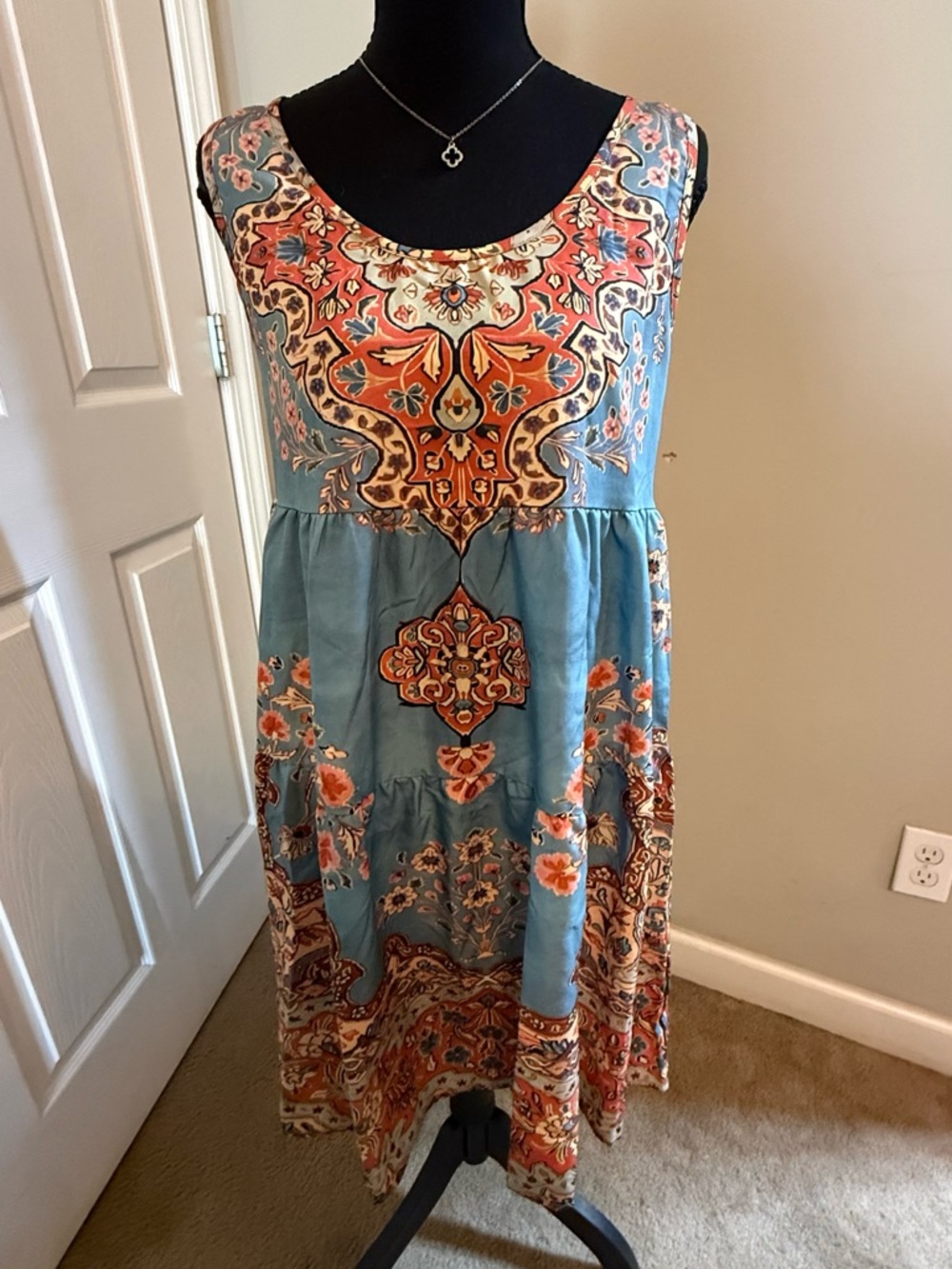 Sleeveless Boho Midi Dress in Teal with Coral Print
